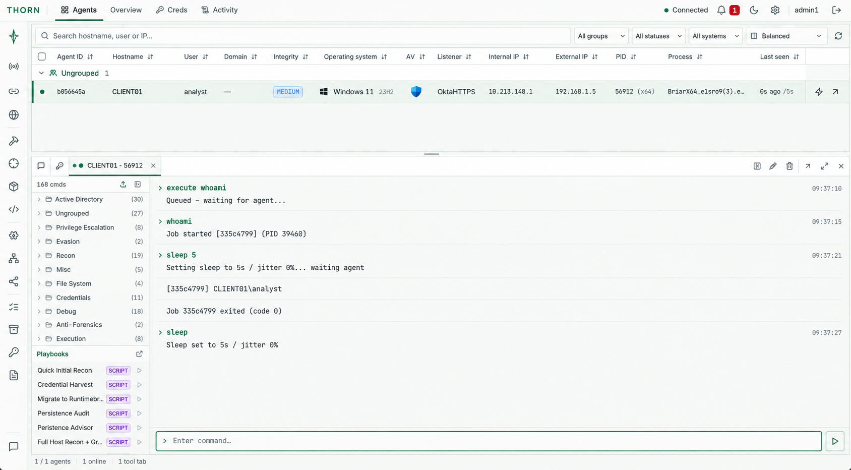 Thorn interface: agent management and operations console with illustrative data.