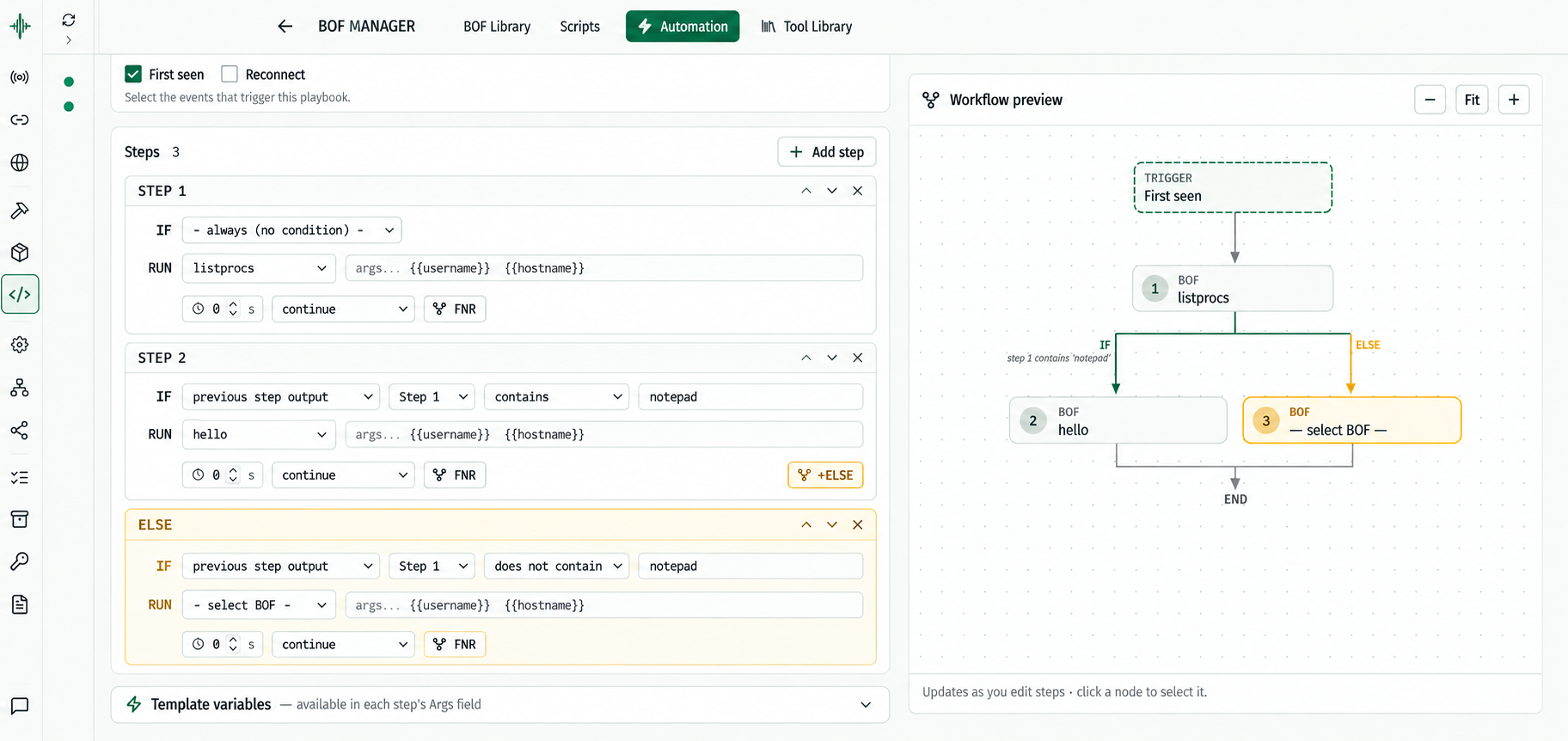 Thorn visual playbook editor: conditional steps on the left and workflow graph on the right.
